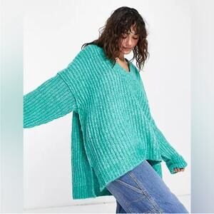 Free People Blue Bell Electric Teal Green Oversized Fuzzy Knit Sweater